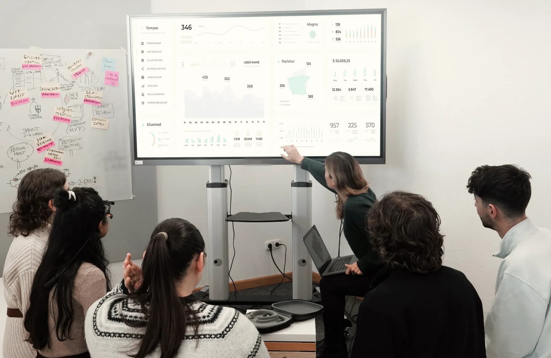 A team watches a colleague point out a chart on a large dashboard screen, beside a whiteboard of sticky notes.