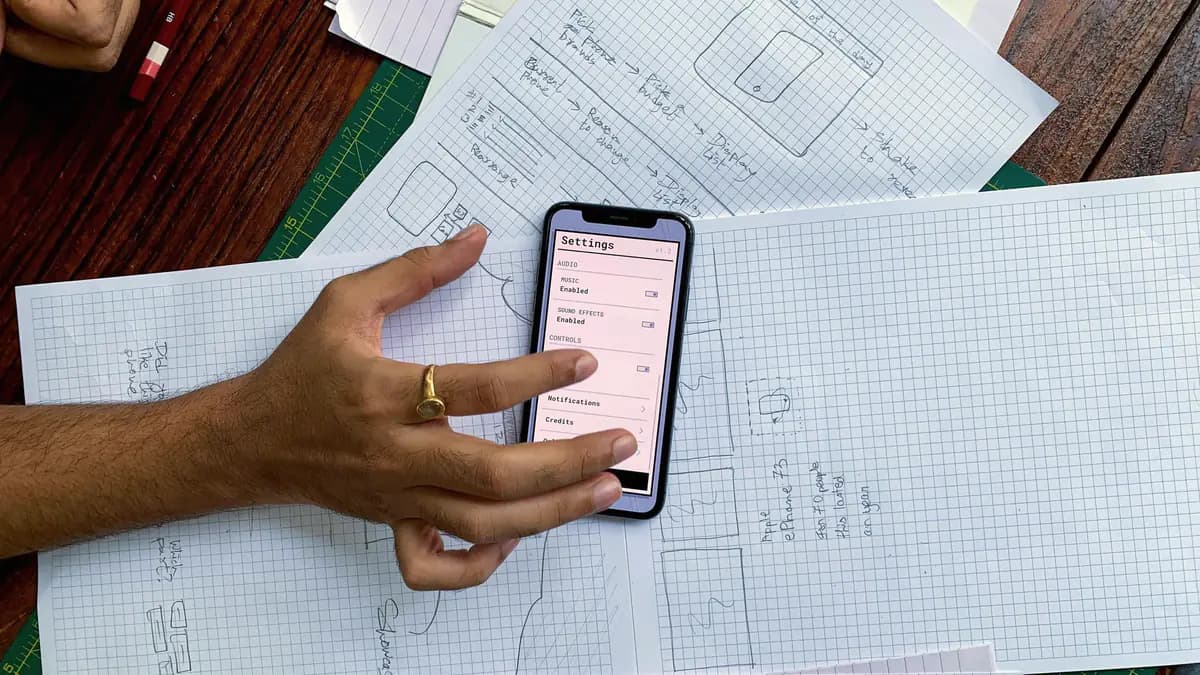 A hand holds a phone showing a settings screen over paper sketches of app screens.