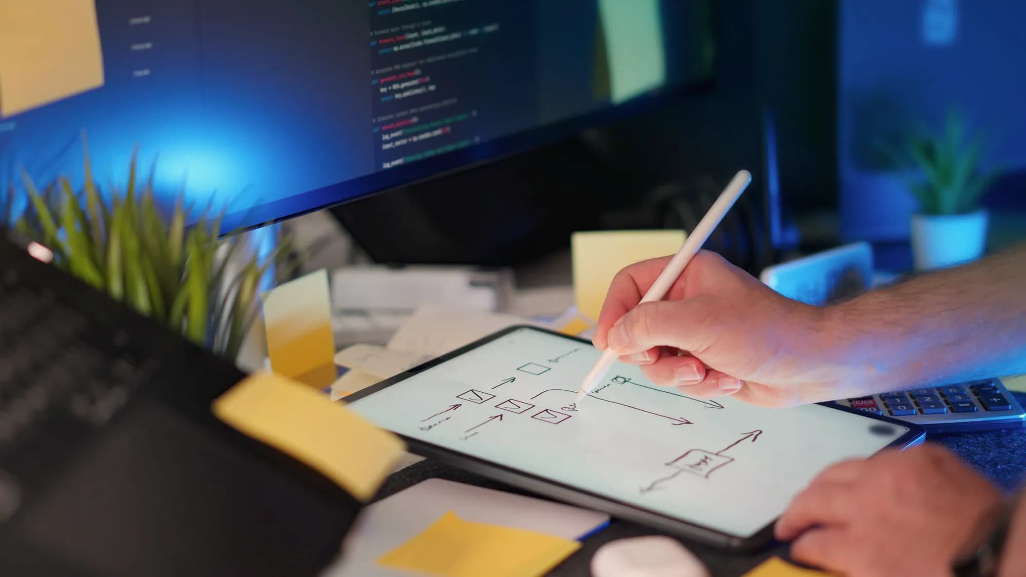 A hand sketches a boxes-and-arrows flow on a tablet with a stylus, a code editor out of focus on the monitor behind.